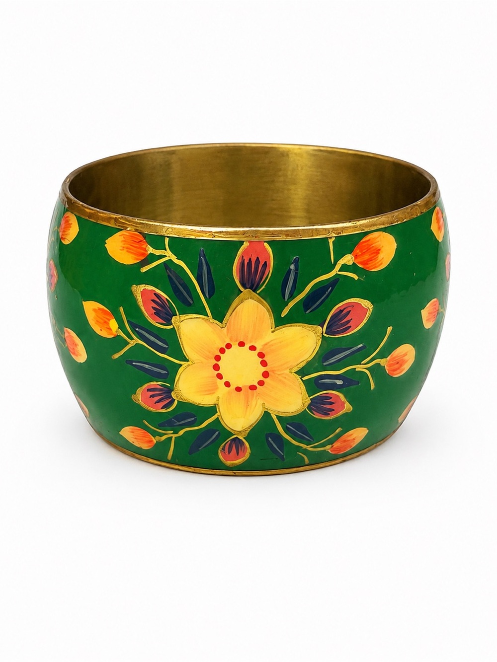 Vintage Green Floral Enamel Wide Bangle‎ Bracelet Gold Tone